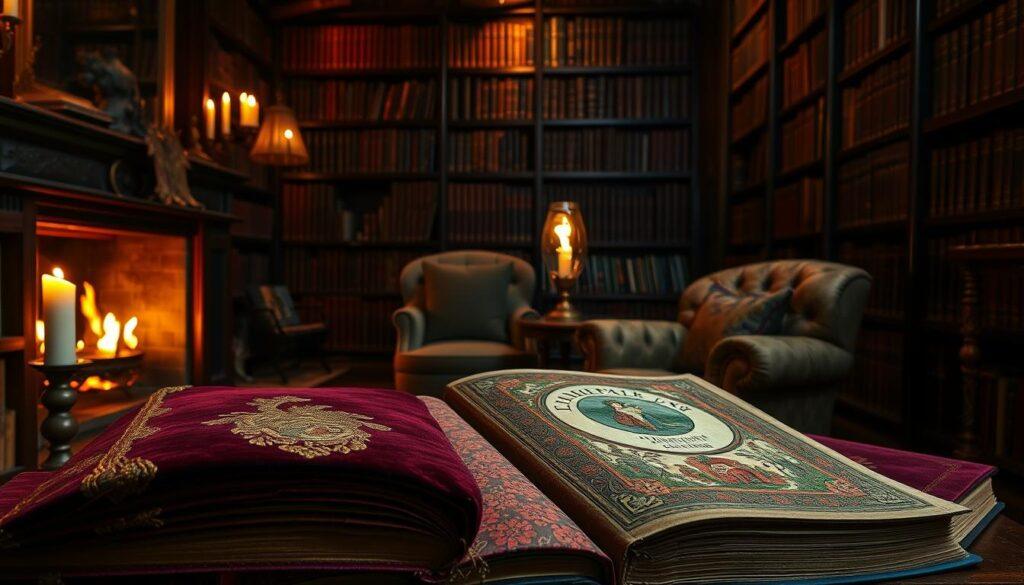 A cozy library interior, dimly lit by warm candlelight and a crackling fireplace. In the foreground, a spread of classic fairytale books with richly detailed fabric covers - velvet, brocade, and embroidered patterns in jewel-toned hues. The middle ground features a sumptuous velvet armchair and a side table displaying an antique glass lamp. In the background, towering bookshelves lined with leather-bound volumes, casting dramatic shadows across the scene. The overall mood is one of refined elegance, literary inspiration, and the transportive power of storytelling.