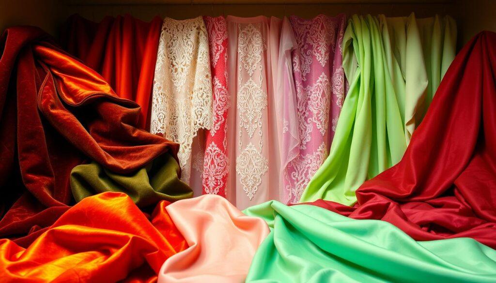 A vibrant display of seasonal fabrics in a warm, inviting environment. In the foreground, luxurious velvets, shimmering satins, and cozy wool blends in autumn hues of deep red, amber, and forest green. In the middle ground, delicate laces, airy chiffons, and crisp taffetas in pastel shades of pink, lavender, and mint, evocative of springtime. The background features a soft, diffused lighting that casts a gentle glow, highlighting the intricate textures and rich colors of the fabrics. The overall scene exudes a sense of timeless elegance and seasonal charm, perfectly capturing the essence of "Seasonal Favorites" for costume design.