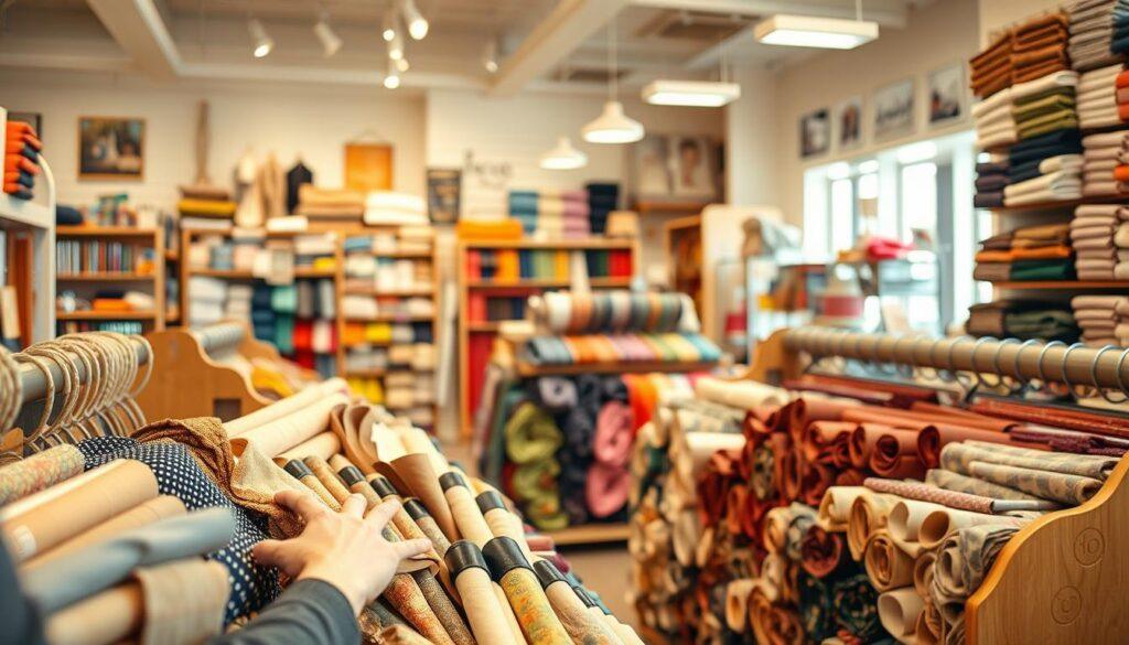 A well-lit, high-resolution image of a fabric shopping scene in a cozy, warm-toned environment. In the foreground, a shopper carefully examines bolts of diverse, high-quality yet affordable fabrics, running their fingers over the textures. In the middle ground, a display of neatly organized, discounted fabric rolls in a range of colors and patterns. The background features a bright, airy fabric store interior with shelves stocked with an abundance of sewing notions and tools, creating an atmosphere of creative inspiration and budget-friendly opportunities.