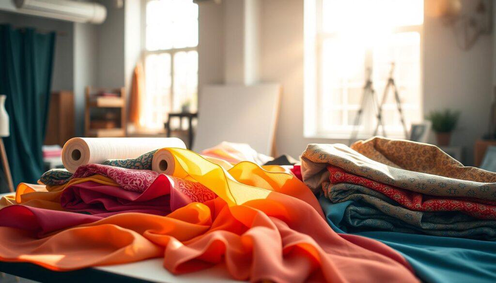 A well-lit studio setting with a table showcasing an array of vibrant fabrics in various textures, patterns, and colors. Bolts of cotton, satin, and chiffon are displayed neatly, inviting closer examination. A pair of hands delicately sifts through the fabric selections, carefully considering the drape, weave, and overall aesthetic. Sunlight streams in through large windows, casting a warm glow on the scene. The background is softly blurred, keeping the focus on the fabric selection process at hand. The overall mood is one of thoughtful consideration and artistic inspiration.