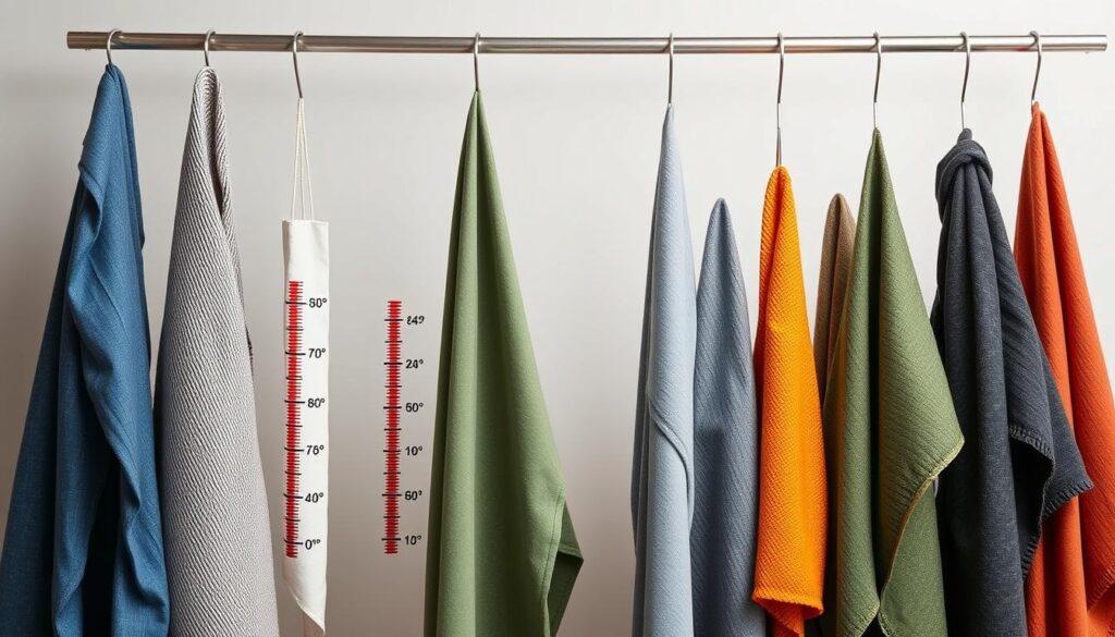 Detailed textile temperature guide, hanging against a neutral background. Crisp, minimalist studio lighting illuminates the various fabrics, each labeled with its recommended temperature range. Shades of blue, green, and grey textiles in the foreground, with warmer orange and red fabrics in the middle ground. The background is a soft, muted tone, allowing the textiles to be the focal point. The scene conveys a sense of practicality and utility, suitable for an informative article on seasonal costume design.