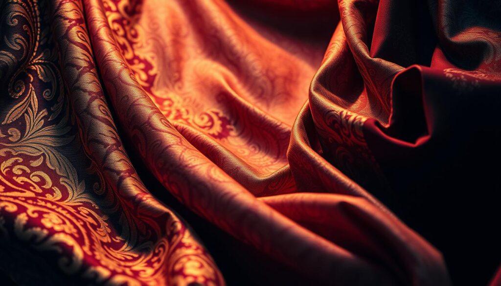 Detailed, textured fabrics in a fantastical display: ornate brocades, shimmering silks, and rich velvets in a harmonious arrangement. Warm, directional lighting accentuates the intricate patterns, creating depth and dimension. The fabrics are carefully layered, with a lush, luxurious middleground framed by a subtly blurred background, drawing the eye to the central composition. A sense of elegance and creativity pervades the scene, capturing the essence of combining fabrics for a captivating, thematic effect.