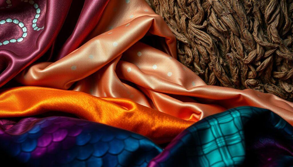 Mythical textiles texture comparison: A seamless tableau featuring an array of fantastical fabrics, each with a distinct tactile quality. The foreground showcases sumptuous velvets in jewel-toned hues, their sheen and depth evocative of dragon scales. In the middle ground, shimmering silks in iridescent patterns, like the gossamer wings of a fairy. The background is dominated by a coarse, fibrous material reminiscent of ancient tree bark, imbued with a weathered, rugged charm. Lighting is soft and diffuse, casting a warm, ethereal glow that accentuates the luxurious textures. The overall composition emphasizes the visual and tactile contrast between these mythical textiles, inviting the viewer to imagine their use in fantastical costumes and settings.