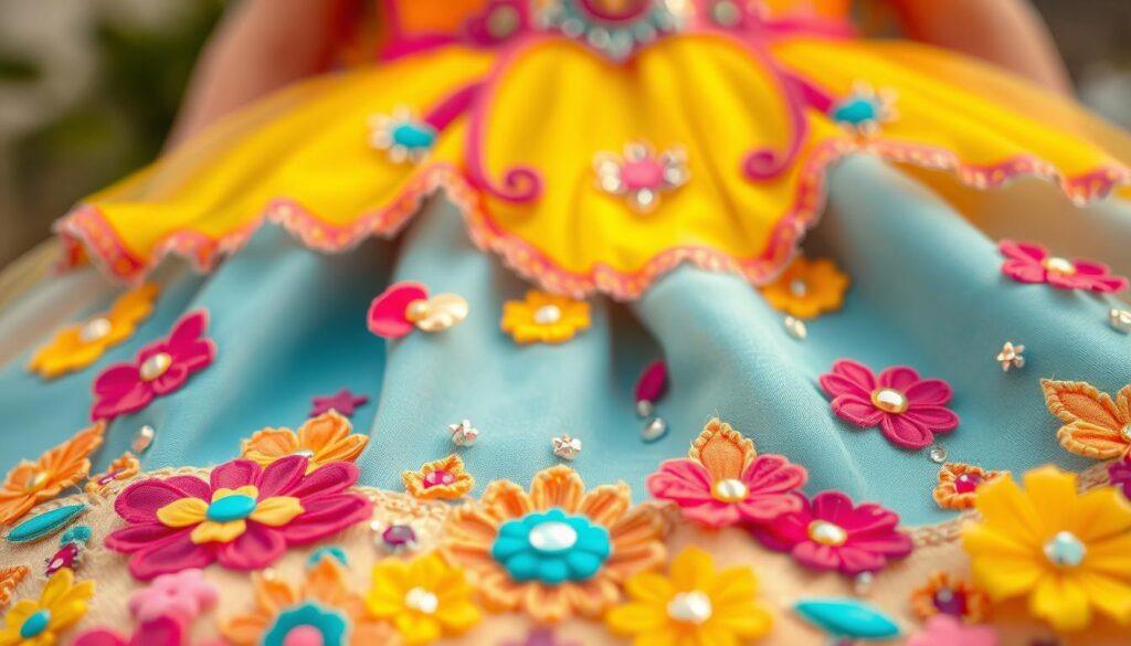 A close-up view of a vibrant princess dress adorned with intricate, durable embellishments. In the foreground, an array of colorful appliqués and fabric-painted details catch the light, creating a lively, tactile texture. The middle ground features a scattering of non-shedding, sparkling accents that add a whimsical, enchanting touch. The background is softly blurred, allowing the exquisite craftsmanship to be the focal point. The image is captured with a shallow depth of field, using warm, natural lighting to accentuate the rich colors and materials, conveying a sense of high-quality, play-ready construction.