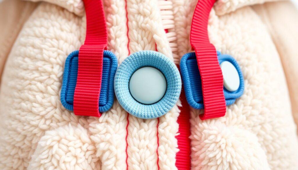 A close-up view of colorful Velcro closures on children's clothing. The Velcro fasteners are shown in vibrant shades of red, blue, and green, interlocking and overlapping to create a playful, textured pattern. The Velcro strips are positioned on the front of a soft, plush fabric, suggesting a child's garment like a jacket or dress. Bright, even lighting illuminates the Velcro's hook-and-loop texture, emphasizing its adjustable, easy-to-use design for young wearers. The image conveys a sense of simplicity, durability, and accessibility, fitting the "Closures for Independence" theme.