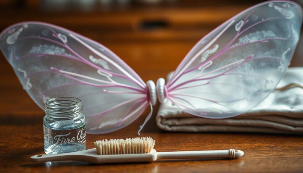 A detailed, well-lit close-up of a pair of delicate fairy wings resting on a wooden surface. The wings are translucent and iridescent, with intricate vein patterns and gossamer textures. In the foreground, a small brush and a jar of specialized fairy wing cleaning solution are placed, suggesting a maintenance routine. The middle ground features carefully folded fairy wing cases, hinting at proper storage methods. The background is softly blurred, keeping the focus on the wings and the care tools. The overall lighting is warm and natural, capturing the fragile beauty of these enchanted appendages.