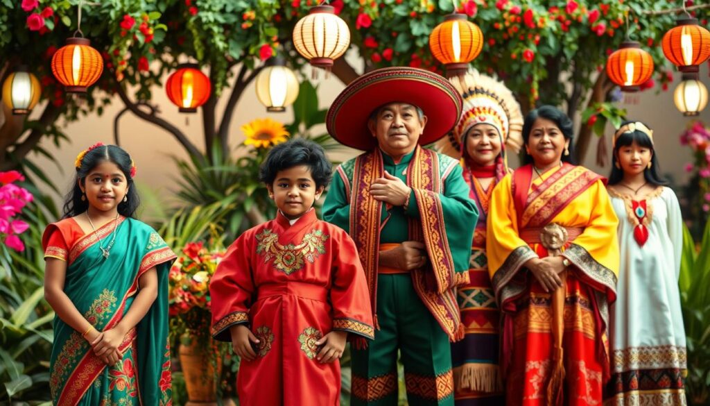 A diverse group of characters from various cultural backgrounds, each wearing a vibrant, respectful costume design. The foreground features a young girl in a traditional Indian sari, a boy in a Japanese kimono, and a person in a West African dashiki. In the middle ground, a person in a Mexican mariachi outfit and another in traditional Native American regalia. The background showcases a lush, colorful garden setting with hanging lanterns, providing a warm, inviting atmosphere. Soft, diffused lighting illuminates the scene, capturing the cultural richness and celebrating diversity with sensitivity and authenticity.