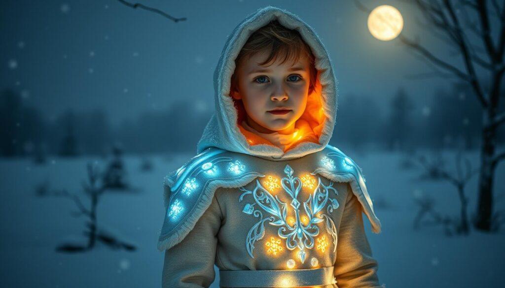 A snowy winter scene, a young person dressed in a warm, intricate ice-inspired costume adorned with glowing LED lights. The costume features elegant, crystalline designs, shimmering in the soft, cool lighting. The model stands against a backdrop of a serene, moonlit winter landscape, with a gently falling snowfall creating a peaceful, magical atmosphere. The LEDs emit a gentle, safe glow, illuminating the costume's details and casting a soft, ethereal light across the scene. The camera captures the outfit from a mid-range angle, showcasing the full ensemble and the integration of the LED lighting. The overall mood is one of enchantment, warmth, and wonder, perfectly suited for a winter-themed fairytale dress-up.