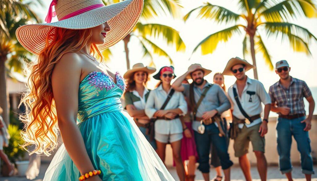A sun-drenched scene of a summer costume party. In the foreground, a graceful figure adorned in a shimmering UV-protective mermaid dress, its fabric rippling with iridescent hues. Vibrant accessories like a floppy wide-brimmed sun hat and delicate UV-shielding gloves complete the look. In the middle ground, a group of playful pirates in lightweight, breathable UV fabrics - billowing shirts, bandanas, and cargo shorts - pose together. The background reveals a lush, tropical setting, with palm trees swaying gently in the breeze and a warm, golden glow suffusing the entire scene, evoking the carefree spirit of a sun-dappled summer day.