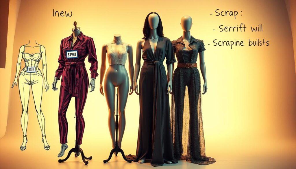 A vibrant and dynamic comparison scene showcasing the cost differences between new, thrifted, and scrap material costume builds. In the foreground, three detailed fashion sketches depict the three distinct looks, their price tags clearly visible. In the middle ground, life-sized mannequins dressed in the respective outfits stand side by side, allowing for a direct visual comparison. The background features a clean, minimalist studio setup with soft, warm lighting that accentuates the textural details of the fabric and materials used. The overall composition is balanced, inviting the viewer to closely examine the cost-saving potential of thrifting and upcycling versus purchasing new.