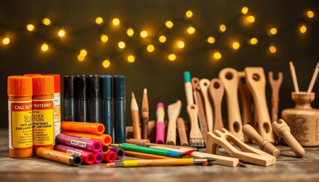 A vibrant still life showcasing a collection of sustainable craft tools. In the foreground, an array of refillable glue sticks and washable markers in a range of hues. The middle ground features various small wooden tools, such as paint brushes and mini hand saws, arranged neatly. In the background, a scattering of mini LED lights cast a warm, ambient glow, illuminating the scene. The overall composition has a natural, earthy tone with soft shadows and highlights, conveying a sense of simplicity and eco-consciousness. The image is captured with a shallow depth of field, drawing the viewer's eye to the detailed foreground elements.