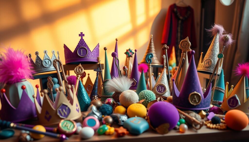 A whimsical display of personalized costume accessories, featuring vibrant and imaginative designs. In the foreground, an assortment of customizable crowns, wands, and amulets, each adorned with initials and unique emblems that dance with magical energy. The middle ground showcases a variety of color-coded accessories, their shapes and textures reminiscent of natural elements, inviting tactile exploration. In the background, a softly-lit studio setting with gentle shadows and highlights, creating an enchanting atmosphere that inspires creativity and wonder. Lighting is warm and diffused, lending a sense of timelessness to the scene. The overall composition conveys a sense of playful elegance, encouraging the viewer to envision the endless possibilities of personalized magical accessories.