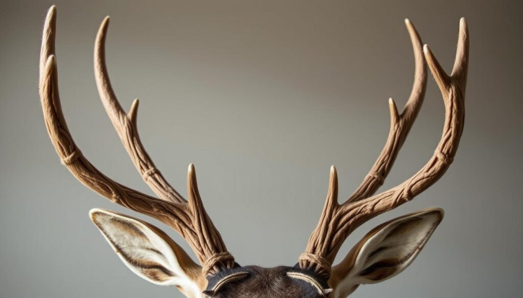 Detailed, intricate deer antler headpiece design, exquisite layered felt textures, natural earthy tones, soft diffused lighting, close-up frontal view, sharp focus on the delicate antler shapes and organic contours, minimalist backdrop, elegant, whimsical, enchanting, suitable for woodland creature costume.