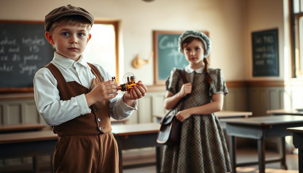 A charming scene featuring two Victorian-era children dressed in authentic outfits suitable for a school play. In the foreground, a young boy in a crisp white shirt and a brown waistcoat, complete with suspenders and a flat cap, eagerly holds a small handmade invention, showcasing his creativity. Beside him, a girl wears a knee-length, patterned dress with puffed sleeves, a modest bonnet perched on her head, and a satchel slung over her shoulder. The middle ground shows a slightly weathered classroom setting with wooden desks and chalkboards, evoking a sense of the Victorian period. Soft, natural lighting filters through a nearby window, casting a warm glow and creating a nostalgic atmosphere, while the camera angle is slightly tilted, adding a playful touch to the composition.