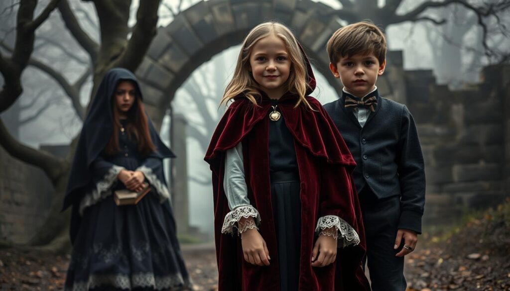 A group of children dressed in Gothic literature-inspired costumes, standing together in a whimsical yet moody setting. The focus is on a girl wearing a rich, velvet-look cape in deep burgundy, cinched with a delicate lace collar and lace cuffs that flutter slightly in the breeze. She also wears a charming book-shaped locket necklace, adding a magical touch. Beside her, a boy dons a dark tailored vest and trousers, accessorized with a whimsical bow tie. The background features dark, twisted trees and an ancient stone archway shrouded in mist, enhancing the mystical atmosphere. Soft, diffused lighting creates a dreamy effect, while a slight angle captures their expressions of curiosity and courage, inviting viewers into the enchanting world of Gothic literature.