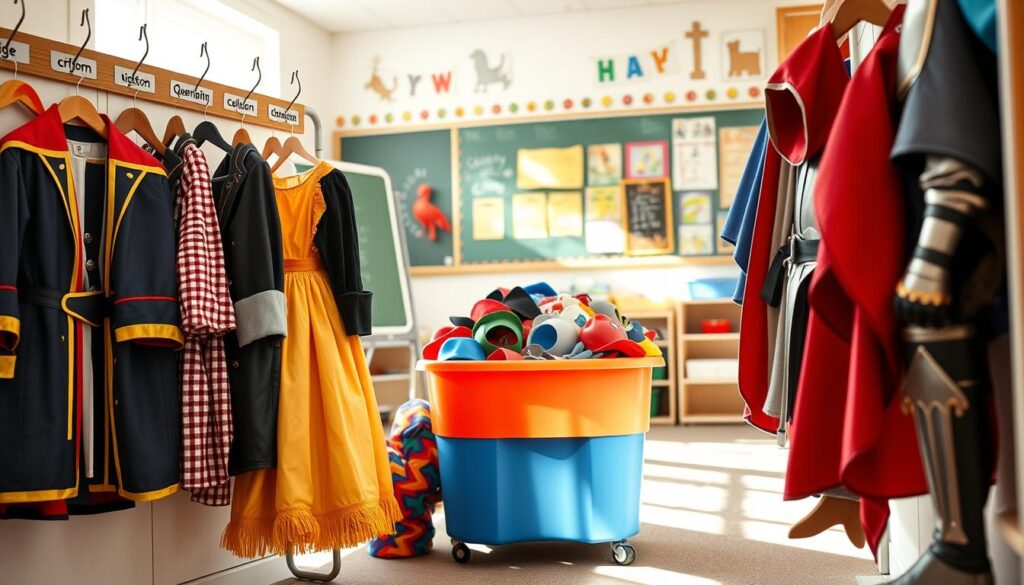 A vibrant classroom scene showcasing an organized costume organization system for historical fiction outfits tailored for kids ages 4-12. In the foreground, colorful costumes hang neatly on labeled hooks, including a pirate coat, a Victorian dress, and a knight's armor, all crafted in fun, child-friendly styles. The middle of the image features a large, colorful storage bin filled with accessories like hats, masks, and capes, inviting exploration. In the background, a bright classroom with cheerful posters and a chalkboard sets a playful mood. Soft, natural lighting streams through a window, creating a warm and engaging atmosphere. The lens perspective captures the scene from a slight angle, allowing the viewer to immerse themselves in this imaginative educational setting.