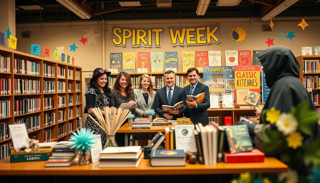 A vibrant library display showcasing "Spirit Week" events, featuring colorful decorations inspired by classic literature. In the foreground, a table adorned with themed costumes and accessories—such as glasses resembling Harry Potter, a flapper dress from "The Great Gatsby," and a cloak inspired by "The Chronicles of Narnia." In the middle, cheerful volunteers in professional business attire assisting students with an interactive reading corner, surrounded by bookshelves filled with literary classics. The background displays colorful banners and posters representing various literary themes, softly illuminated by warm, inviting lighting. The atmosphere is engaging and festive, conveying a sense of celebration and community spirit within the library setting, captured with a gentle depth of field to focus on the lively details.
