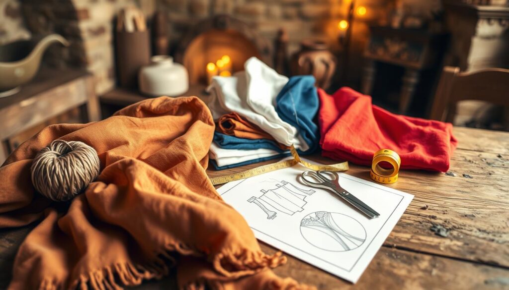A well-organized collection of materials for a DIY ancient Rome tunic project, showcasing vibrant fabrics draped over a rustic wooden table. In the foreground, a soft linen cloth in rich earth tones, a spool of twine, and a simple sewing kit with needles and thread. In the middle, various colored fabric swatches including white, blue, and red, folded neatly alongside a pair of scissors, measuring tape, and sketch of a tunic design. In the background, a soft-focus antique-style room with stone walls and warm, ambient lighting creating a cozy, inviting atmosphere, reminiscent of a crafting space. The overall mood is creative and inspiring, ideal for a fun historical project for kids ages 4-12.