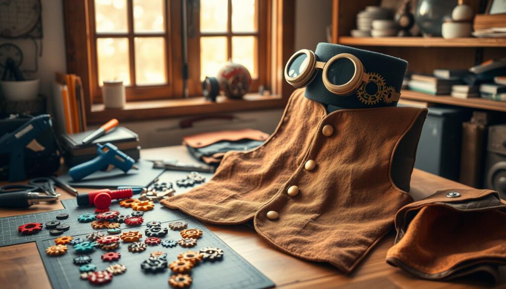 A well-organized crafting workspace showcasing DIY steampunk accessories. In the foreground, a paper-foam top hat adorned with vintage clock gears and goggles, next to colorful felt gear pins in various sizes and shapes. Scattered tools like scissors, a glue gun, and a cutting mat enhance the crafting atmosphere. In the middle ground, a no-sew vest made of rich, textured fabric with brass buttons and faux leather cuffs lays partially assembled, inviting imaginative exploration. The background features soft, warm lighting filtering through a vintage window, casting a nostalgic glow over wooden shelves filled with steampunk materials. The overall mood is creative and adventurous, evoking the spirit of steampunk while remaining kid-friendly and inspiring.