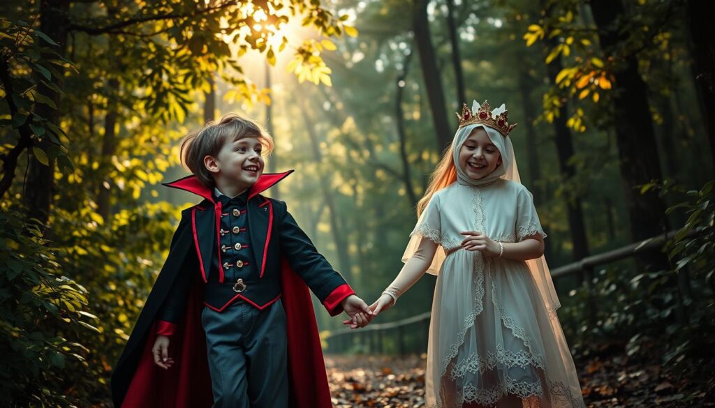 A whimsical scene featuring children in vibrant Gothic literature-inspired costumes, blending moody elegance with a playful twist. In the foreground, two kids—a boy and a girl—are dressed in a soft, age-appropriate steampunk vampire and a cheerful ghost princess outfit, adorned with rich colors and playful details. They are laughing and holding hands, embodying bravery and joy. In the middle ground, a backdrop of an enchanted, non-spooky forest, illuminated by gentle, dappled sunlight filtering through lush leaves, creating a warm atmosphere. The scene is captured with a slight overhead angle, giving a dynamic view. The overall mood is adventurous yet cheerful, emphasizing a fun approach to Gothic themes without any darkness.