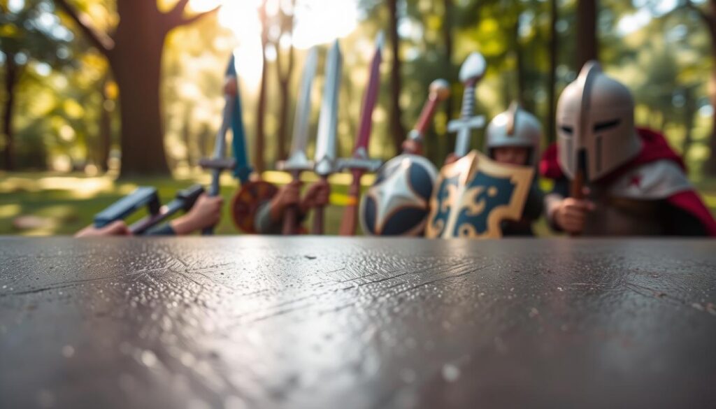 A beautifully detailed close-up of a scuff-resistant finish applied to lightweight foam and cardboard props. The foreground showcases a vibrant, textured surface that reflects light with a smooth, glossy appearance, demonstrating durability and resistance to wear. In the middle ground, various props like swords, shields, and helmets are displayed, all featuring the scuff-resistant coating, emphasizing their suitability for adventure activities. The background consists of an outdoor setting, such as a park or forest, with soft natural lighting filtering through the trees, highlighting the props' weatherproofing qualities. The overall atmosphere radiates excitement and safety, perfect for imaginative play. The lens should capture a shallow depth of field, focusing on the textures while softly blurring the background.