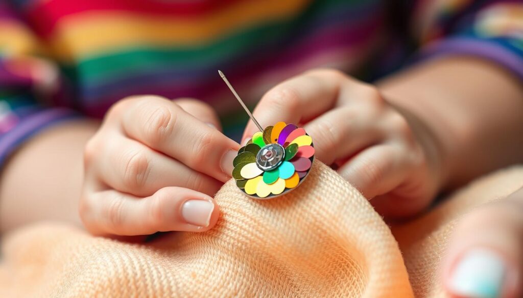 A close-up view of a child's small hand, gently and securely sewing a vibrant, colorful sequin onto soft fabric using a needle and thread. The focus is on the dexterity of the fingers, showcasing a clear knot in the thread to highlight the concept of knot security. The fabric should display a blend of textures, with a rich, inviting palette of colors around the sequin. The background is softly blurred to emphasize the hand in action, creating a warm, engaging atmosphere. Use soft, natural lighting to illuminate the scene and enhance the sparkle of the sequin. Capture the image from a slightly elevated angle to showcase the details of the sewing process.