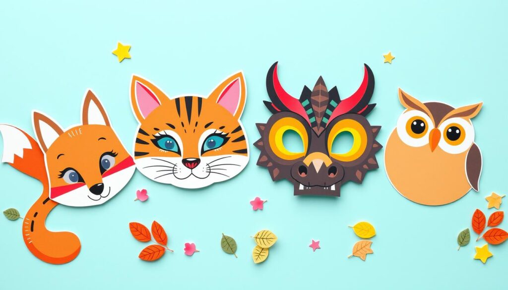 A colorful and engaging layout of printable mask templates featuring four animal designs: a whimsical fox, a cute cat, a fierce dragon, and a wise owl. The foreground showcases detailed illustrations of each mask, emphasizing the unique features like the fox's bushy tail, the cat's playful whiskers, the dragon's scales, and the owl's large, expressive eyes. In the middle, include vibrant colors and patterns suitable for kids, with playful elements like stars and leaves surrounding the masks. The background should be a soft, bright color to enhance the templates and make them pop, creating a cheerful and inviting atmosphere. Soft, even lighting highlights the details of the masks, making them appear vibrant and ready for printing.