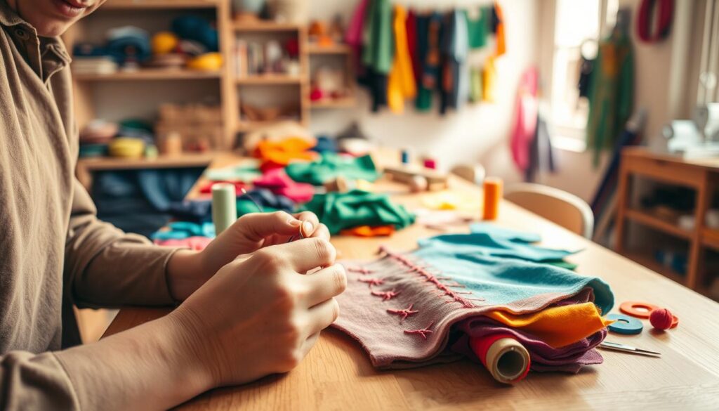 A cozy crafting workspace illuminated by warm natural light, featuring a wooden table covered with various colorful felt pieces, spools of thread, and hand-stitching tools. In the foreground, a pair of skilled hands, wearing modest casual clothing, meticulously demonstrate the process of hand-stitching a vibrant felt costume piece. The middle ground showcases a partially completed costume piece adorned with strategic stitches, emphasizing durability. In the background, shelves are lined with sewing supplies, while a soft-focus display of completed costumes adds depth. The atmosphere is inviting and productive, embodying the essence of creativity and efficiency in crafting. The scene captures the careful craftsmanship and attention to detail essential for busy parents engaging in low-sew projects.