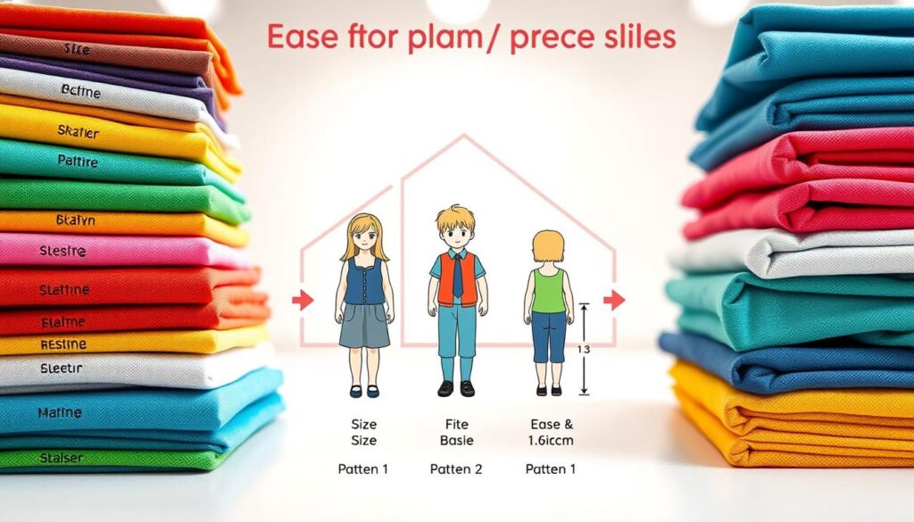A detailed diagram illustrating the concept of "ease for play pattern adjustment," designed for children's clothing grading. The foreground features colorful, layered fabric swatches labeled with different sizes and ease amounts, including arrows indicating size adjustments. In the middle, a set of balanced, professional illustrations depicting a child wearing various fitted clothes, showcasing the differences in sizing and fit, with an emphasis on movement. The background includes simple geometric shapes that represent patterns and measurements, softly blurred to keep focus on the diagram. The lighting is bright and inviting, simulating a well-lit design studio, with a soft focal lens to enhance the clarity of the fabrics and illustrations. The overall mood is educational, vibrant, and engaging, conveying the importance of proper fit for children's clothing.