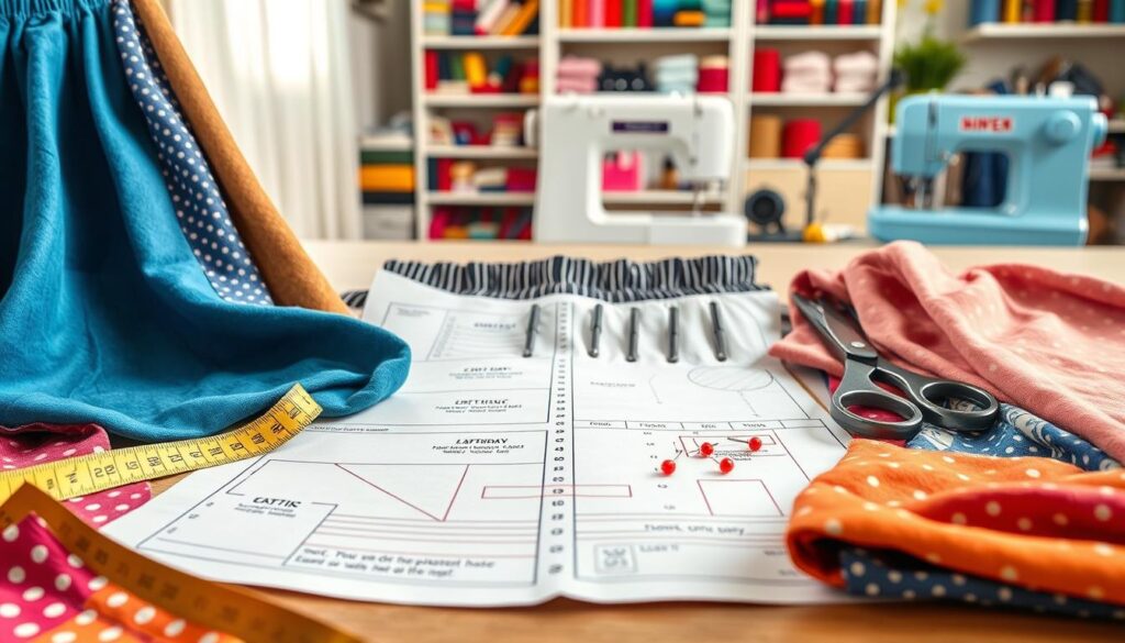A detailed step-by-step guide for creating elastic waist pants patterns, focusing on a visually engaging flat lay composition. In the foreground, display vibrant fabric swatches in various colors and patterns, neatly arranged with a measuring tape, scissors, and sewing pins. The middle ground features an open, well-organized sewing pattern with clear visual instructions, including lines for cutting and seam allowances. The background should have a soft, inviting sewing room atmosphere with shelves stacked with colorful threads and a sewing machine. Use natural lighting to highlight textures and colors, creating a warm and welcoming mood. Capture the image from a slightly elevated angle to showcase all elements harmoniously. The overall tone should be encouraging and inspiring for beginners.