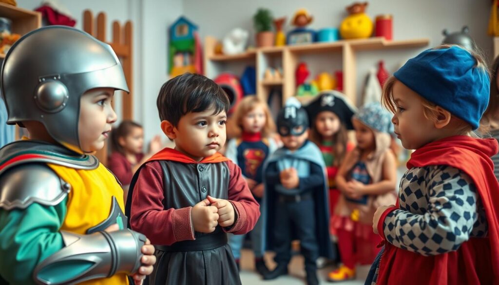 A vibrant and engaging scene depicting children in a playful dress-up setting, focusing on conflict resolution. In the foreground, two children are calmly discussing while wearing colorful costumes—one as a knight and the other as a wizard. Their expressions show determination and empathy, emphasizing collaboration. In the middle ground, several other children are engaged in various dress-up activities, observing the negotiation, clad in a variety of costumes like superheroes and pirates. In the background, a cozy, inviting room filled with dress-up clothes, toys, and soft lighting that creates a warm atmosphere. Use a shallow depth of field to focus on the main interaction while softly blurring the surroundings to enhance emotional connection. Aim for soft, natural lighting that highlights the children's faces, conveying a sense of understanding and teamwork.