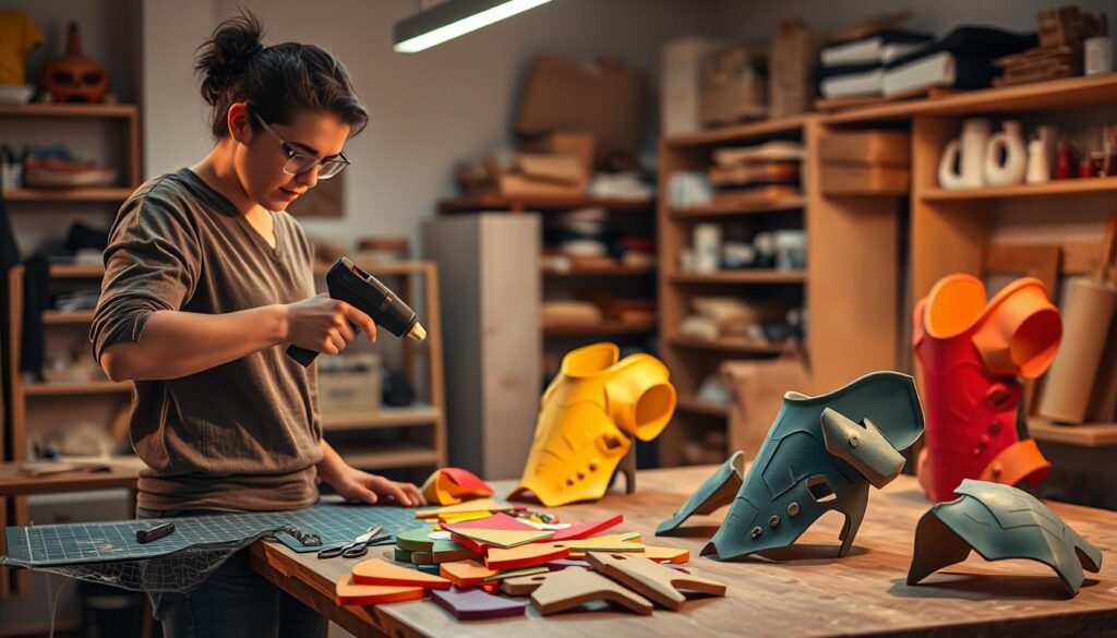 A well-lit workshop environment focused on EVA foam armor crafting. In the foreground, a person in modest casual clothing is expertly shaping pieces of colorful EVA foam using a heat gun, demonstrating the craft technique. Nearby, tools like scissors, a cutting mat, and a safety goggles are neatly arranged, emphasizing a safe crafting atmosphere. In the middle ground, additional pieces of foam armor are partially assembled on a workbench, showcasing intricate designs. The background shows shelves filled with crafting supplies, dimly lit but organized to create a sense of depth. The lighting is warm and inviting, capturing the meticulous and creative nature of the crafting process. The overall mood is encouraging and engaging, welcoming viewers to explore the art of armor making while emphasizing safety.