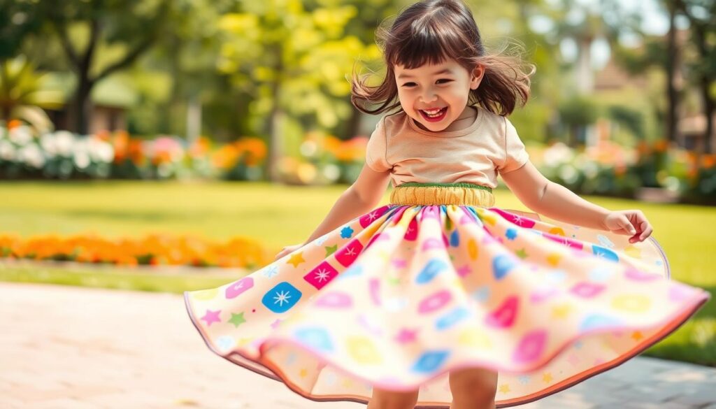 A young child joyfully twirling in a vibrant, knee-length skater skirt featuring a soft, encased elastic waistband. The skirt is made of colorful patterned fabric, showcasing playful designs like stars and flowers. The foreground captures the child’s movement, with the skirt flaring out beautifully as she spins. In the middle, her cheerful expression radiates happiness, wearing a modest, casual t-shirt. The background shows a bright and sunny park with green grass and colorful flowers, adding to the playful atmosphere. The lighting is soft and warm, emphasizing the joy of childhood. The image is captured from a slight low angle to enhance the twirl effect, focusing on the skirt's fluttering motion without any text or additional elements.