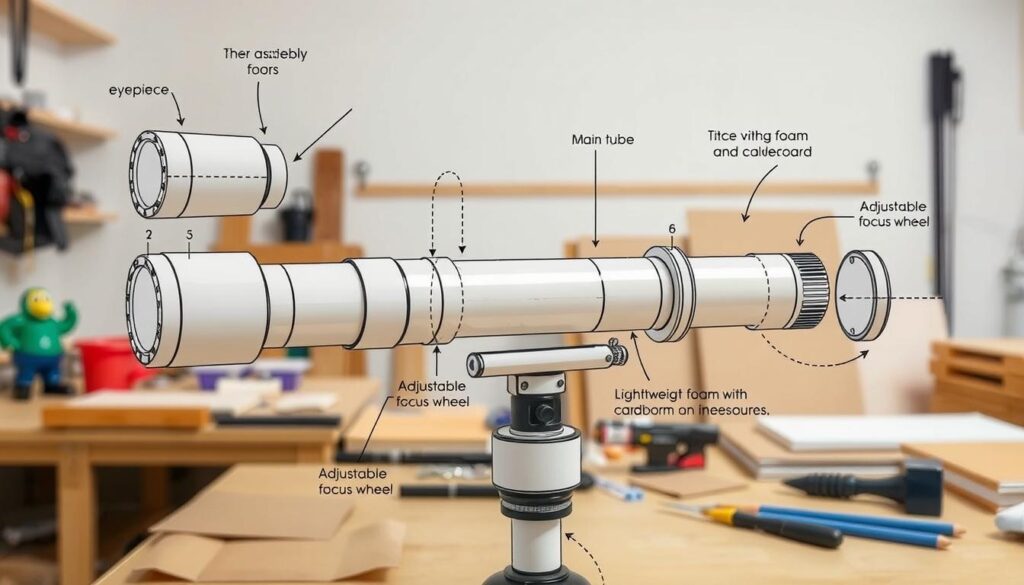 Detailed diagram of a PVC core telescope assembly, showcasing each component clearly. In the foreground, depict labeled parts like the eyepiece, main tube, and adjustable focus wheel in a technical drawing style. The middle layer should feature the overall structure with assembly steps highlighted, using arrows and dotted lines for guidance. In the background, a workspace setting with tools and materials like lightweight foam and cardboard for context. The lighting should be soft and even, mimicking a well-lit workshop. The atmosphere is constructive and innovative, emphasizing the theme of creative exploration. The image should be clean, professional, and devoid of any text or watermarks.