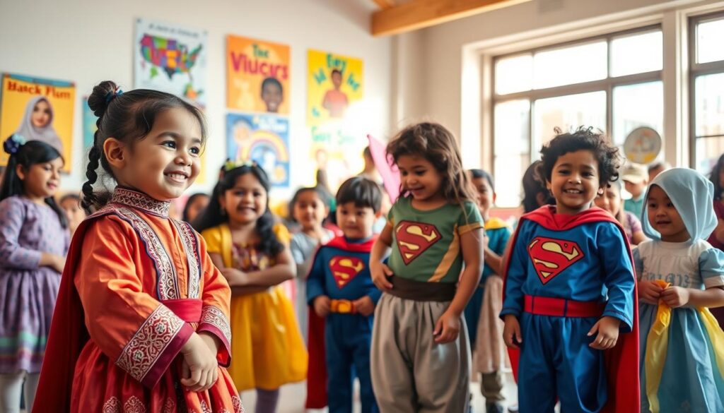 A vibrant, engaging scene of children of diverse backgrounds engaged in dress-up play in a well-lit room filled with a variety of costumes. In the foreground, a child wearing a traditional cultural outfit looks excited as they interact with a nearby friend dressed as a superhero. In the middle, several other children of different ethnicities are exploring costumes, showcasing a mix of traditional attire and imaginative outfits. The background features colorful posters celebrating diversity, with large windows allowing warm, natural light to flood the space, creating a cheerful atmosphere. The mood is joyful and inclusive, encouraging respect and appreciation for different cultures through playful interaction. The imagery captures a sense of fun and learning, emphasizing the importance of inclusivity in dress-up play.