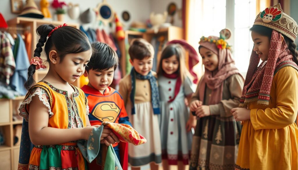 A vibrant, inclusive dress-up scene featuring diverse children engaged in imaginative play. In the foreground, a young girl wearing a culturally-inspired outfit examines a colorful fabric, while a boy beside her, dressed in a superhero costume, listens intently. In the middle, another child, dressed in a traditional dress, is discussing styles with a friend, showcasing excitement and creativity. The background reveals a cozy room with a play area, filled with various costumes and accessories, including hats, scarves, and masks representing different cultures. Soft, warm lighting filters through a window, creating a friendly and inviting atmosphere. The camera angle captures all children in a close yet dynamic composition, emphasizing their joyful expressions and teamwork in celebrating diversity through dress-up play.