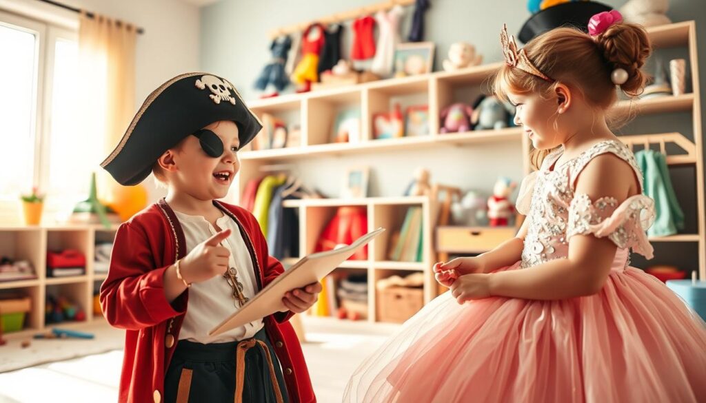 A vibrant playroom filled with colorful costumes and accessories, where two children are enthusiastically engaged in dress-up play. The foreground features one child dressed as a pirate, complete with a hat and eye patch, animatedly telling a story, while the other child, dressed as a princess with a sparkly gown, listens intently, modeling active engagement. In the middle ground, shelves are stacked with various outfits, books, and playful props that symbolize different fairy tales. The background showcases a sunny window, allowing warm, soft light to flood the room, creating a cheerful and inviting atmosphere. The overall mood is joyful and imaginative, emphasizing the power of storytelling in language development. The angle is slightly elevated, capturing the creativity and connection between the children.