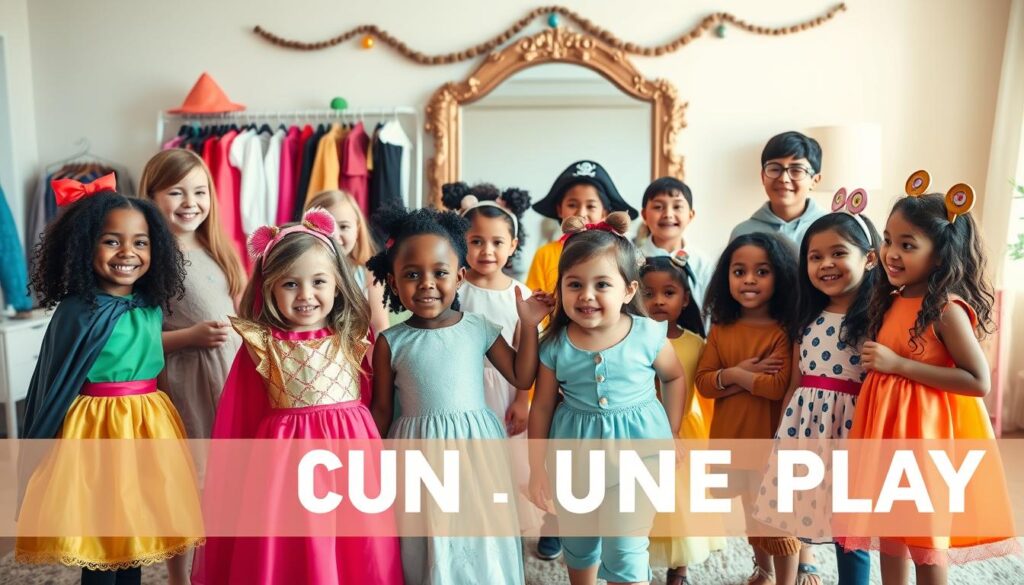 A vibrant scene celebrating uniqueness through dress-up play. In the foreground, a diverse group of children of various ethnicities is joyfully engaged in imaginative play, wearing a mixture of colorful, whimsical costumes that reflect their creativity, such as capes, princess dresses, pirate hats, and animal outfits. In the middle ground, a beautifully decorated room filled with costumes and accessories creates an inviting atmosphere. Soft, warm lighting enhances the scene, casting gentle shadows and highlighting the playful expressions on the children's faces. In the background, a large mirror reflects their joyful antics, symbolizing self-discovery. The overall mood is uplifting and empowering, capturing the essence of building self-esteem through creative expression and celebration of individuality.
