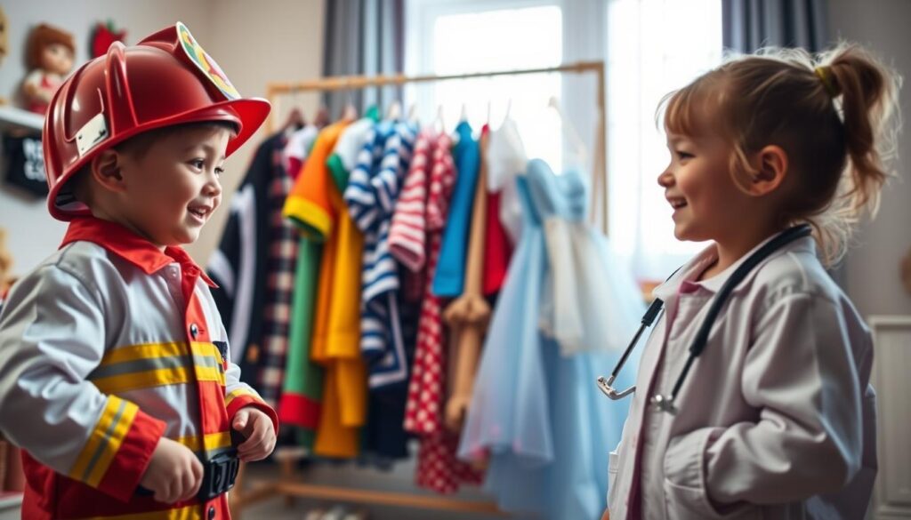 A vibrant scene centered on children engaged in dress-up play, illustrating dialogues and interactions. In the foreground, two children, a boy and a girl, are dressed as a firefighter and a doctor, respectively; their expressions full of joy and imagination. The middle ground features a colorful assortment of costumes hanging on a rack, including a pirate outfit and a princess dress, inviting exploration. The background shows a cozy playroom with a soft, warm light filtering through a window, casting gentle shadows. The overall mood is lively and playful, evoking the excitement of language learning through imaginative play. The scene is captured with a slightly tilted angle to create a dynamic perspective, using a soft focus to enhance the whimsical atmosphere.