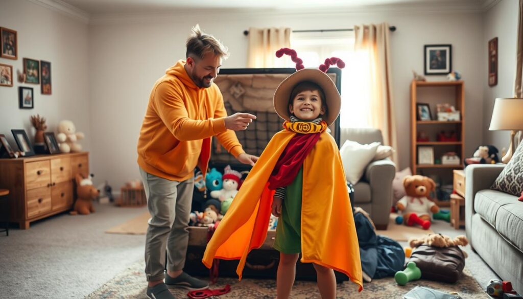 A warm and cozy living room scene showcasing a parent and child engaged in imaginative dress-up play. In the foreground, the parent, dressed in a bright, casual outfit, assists the child, who is adorned in a colorful cape and oversized hat, looking joyful and immersed in their fantasy. The middle ground features a trunk overflowing with various costumes and accessories, including masks, scarves, and plush toys, indicating a creative play environment. The background reveals a softly lit room with family photos on the walls and scattered toys, enhancing the intimate atmosphere. The lighting is soft and warm, with natural light streaming in from a nearby window, creating a heartwarming and playful ambiance. The overall mood is joyful and connected, capturing the essence of bonding through dress-up play.