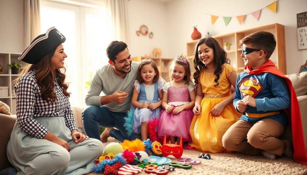 A warm and inviting family scene showcasing a dress-up playtime tradition in a cozy living room. In the foreground, a diverse family—parents and two children—are joyfully trying on colorful costumes, including a pirate hat, a princess gown, and a superhero cape. The parents are dressed in casual, modest clothing, laughing as they engage with their kids. In the middle, a playful arrangement of costume accessories is scattered around, like feather boas and masks. The background features a cheerful, decorated playroom with soft, natural lighting streaming through a window, casting a gentle glow on the scene. The atmosphere is filled with laughter and imagination, capturing the essence of bonding and creativity. The image is warm and inviting, perfect for illustrating a family tradition.