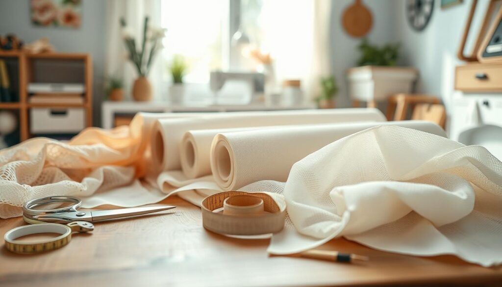 A close-up view of breathable lining materials for costumes displayed on a wooden table. The foreground features a variety of soft, skin-friendly fabrics in pastel colors, showing different textures such as mesh, cotton blends, and lightweight nylon, neatly arranged with a pair of scissors and measuring tape. In the middle, rolls of interfacing fabric are artfully placed, demonstrating their thickness and flexibility. The background is softly blurred, showcasing a cozy sewing space with natural sunlight filtering through a window, creating a warm and inviting atmosphere. The overall mood is creative and inspiring, ideal for costume makers and fashion enthusiasts.
