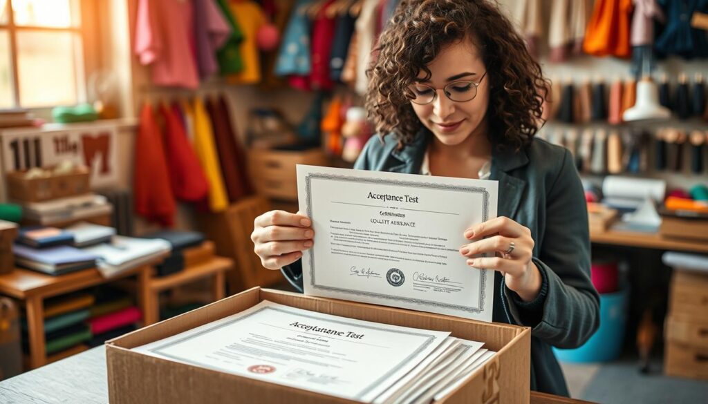A beautifully arranged unboxing scene featuring acceptance test documentation and certificates. In the foreground, a skilled artisan with curly hair, dressed in a smart casual outfit, carefully opens a neat cardboard box filled with colorful papers and official documents. A certificate of quality assurance is prominently displayed, alongside a neatly stacked set of acceptance test forms. In the middle, the artisan's hands are gently lifting a document, showcasing the intricate details and stamps. The background includes a soft focus of a cozy workshop filled with vibrant costume materials, threads, and tools, evoking a sense of creativity and professionalism. The lighting is warm and inviting, with natural light filtering through a nearby window, creating a serene yet focused atmosphere perfect for a quality vetting process.
