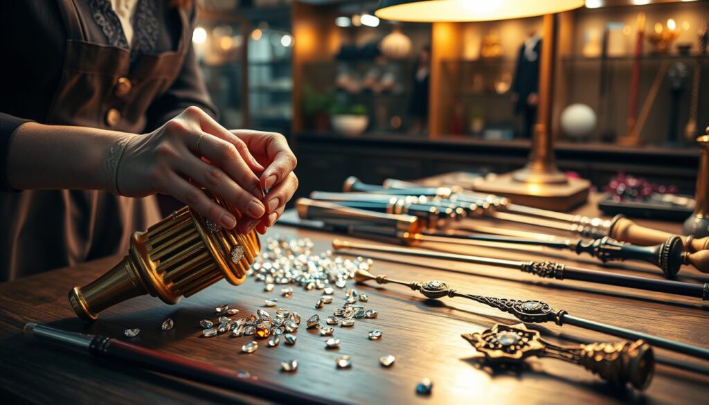 A beautifully arranged workspace showcases various magical accessory finishing techniques. In the foreground, a pair of hands, clad in modest yet stylish attire, delicately applies shimmering rhinestones to a whimsical cornet. Rich colors of gilding and a variety of sparkling stones are scattered across a wooden table, reflecting soft, warm light from an overhead lamp. In the middle ground, elegant wands displaying a mix of patinated surfaces and intricate sealers are presented, shimmering under the glow. The background features a softly blurred collection of ornate display cases filled with other boutique-style magical accessories. The overall atmosphere feels enchanted and creative, inviting exploration and inspiration.