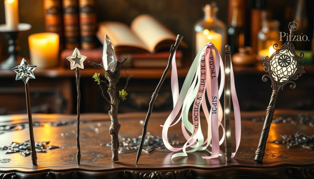 A beautifully handcrafted wizard wand, showcasing five distinct styles: a sleek star dowel topped with a shimmering gem, a crystal cluster entwined with delicate vines, a rustic nature branch with rough bark and lush moss, elegant ribbon streamers cascading in soft pastel colors, and a vibrant light-up wand with intricate runes glowing softly. The foreground features the wands artfully arranged on an ornate wooden table, reflecting the warm glow of candlelight. In the middle background, blurred magical artifacts like spell books and potion bottles evoke a mystical atmosphere. The lighting is soft and warm, casting gentle shadows and highlighting the textures of each wand. The scene captures a whimsical, enchanting mood, inviting viewers into a world of magic and creativity.