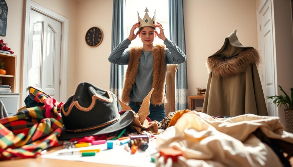 A bright, inviting indoor scene showcasing various costumes made from everyday items arranged artistically. In the foreground, a table is cluttered with costume elements like a colorful scarf, a medieval hat, a faux fur stole, and a whimsical cape draped elegantly. The middle ground features a young adult, dressed in a casual outfit, experimenting with different costume pieces, adjusting a homemade crown made of paper. In the background, a bright window lets in soft, natural light, casting gentle shadows and enhancing the atmosphere of creativity. The composition captures a warm and playful mood, encouraging creativity and fun in costume styling and photography. The camera angle is slightly elevated, focusing on the arrangement while emphasizing the craft behind budget costumes.
