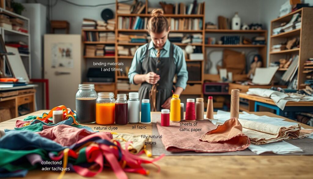 A creatively organized workspace featuring various finishing techniques for storybook costumes. In the foreground, a neatly arranged tabletop with vibrant fabric swatches and spools of thread, showcasing textures and colors. Five distinct techniques are represented: binding materials like ribbons and trims, jars of natural dyes in rich hues, bottles of fabric paint, sheets of contact paper, and a collection of aged fabric pieces to evoke a rustic feel. In the middle ground, a designer is applying these techniques to a costume, dressed in casual, professional attire. The background features a softly lit crafting studio with shelves filled with books and tools, creating a warm, inviting atmosphere. Use soft, natural lighting to enhance the creativity and craftsmanship, capturing the essence of transforming everyday materials into enchanting costumes.