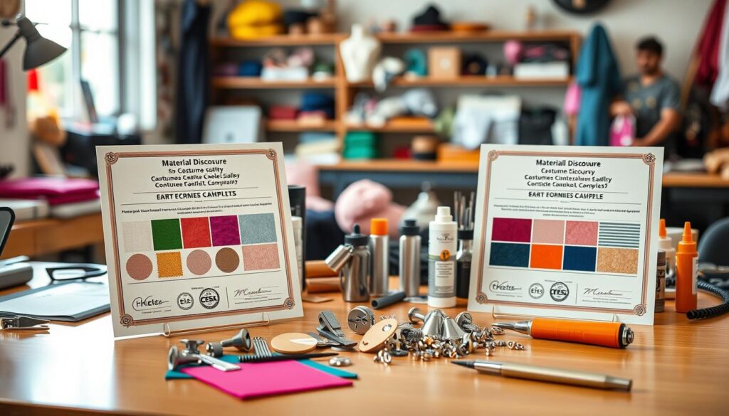 A polished desk scene featuring an assortment of vibrant materials disclosure certificates for costume safety, prominently displayed in the foreground. The certificates are designed with official logos such as OEKO‑TEX and CPSIA, showcasing a variety of fabric swatches labeled with their corresponding certifications. In the middle ground, tools of the trade such as metallic hardware samples, adhesive bottles, and fabric rolls create a sense of industry and craftsmanship. Soft, natural light streams in from a window, giving a warm glow to the scene, while a blurred background hints at a cozy workshop filled with costume-making supplies. The overall atmosphere feels professional and focused, highlighting the importance of safety and quality in costume design.